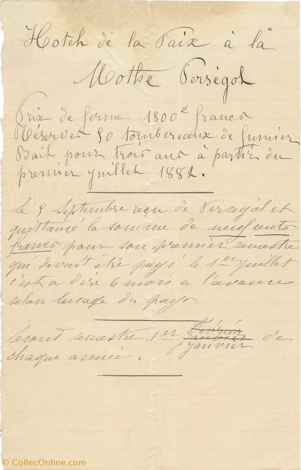 1882 - Bail de trois ans pour tombereaux de fumier documents anciens autres 1882 bail de trois ans pour tombereaux de fumier