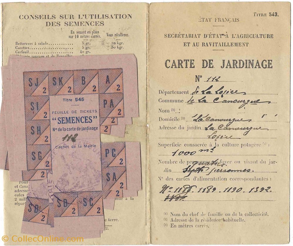 1943 - Carte de jardinage documents anciens autres 1943 carte de jardinage