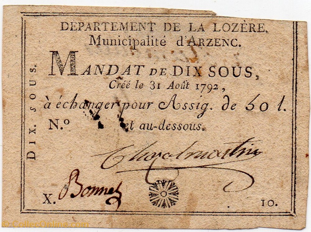 Billet de Confiance - ARZENC (Lozère) - 10 sous billets europe france billet de confiance arzenc lozere 10 sous