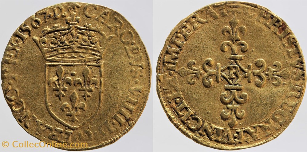 Dy 1057 - Charles IX - Ecu d'or - 1567, Villeneuve monnaies europe medievale france royales dy 1057 charles ix ecu or 1567 villeneuve