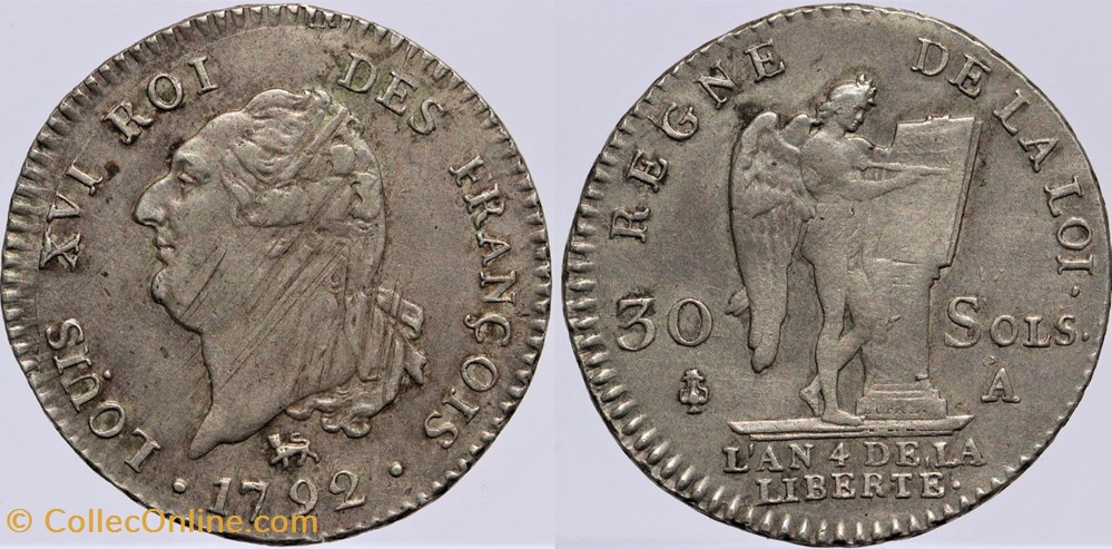 R-42 - Louis XVI - 30 sols - 1792, Paris monnaies europe medievale france royales r 42 louis xvi 30 sols 1792 paris