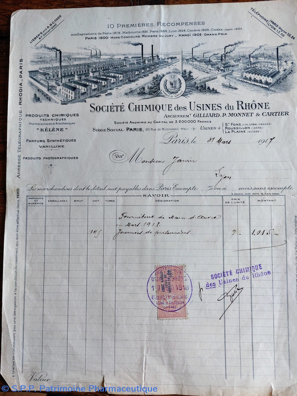 * Facture " HISTORIQUE" du 31/03/1917 Société Chimique des Usines du Rhône documents anciens facture historique du 31 03 1917 societe chimique des usines du rhone