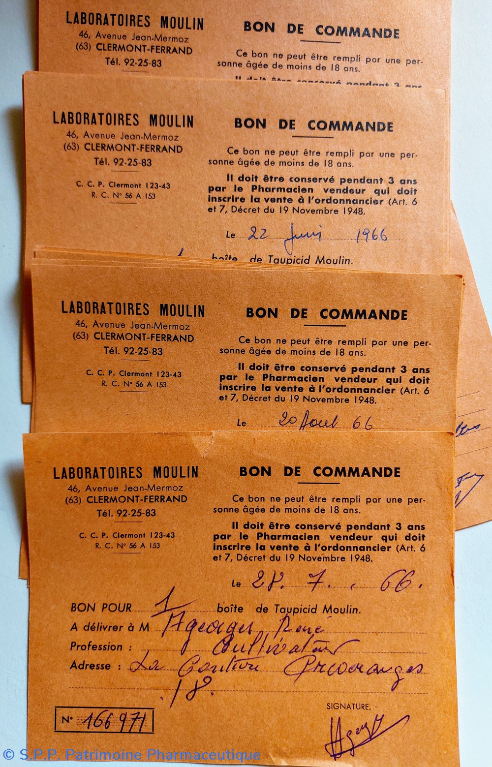 documents anciens taupicid moulin bons de commande 1966