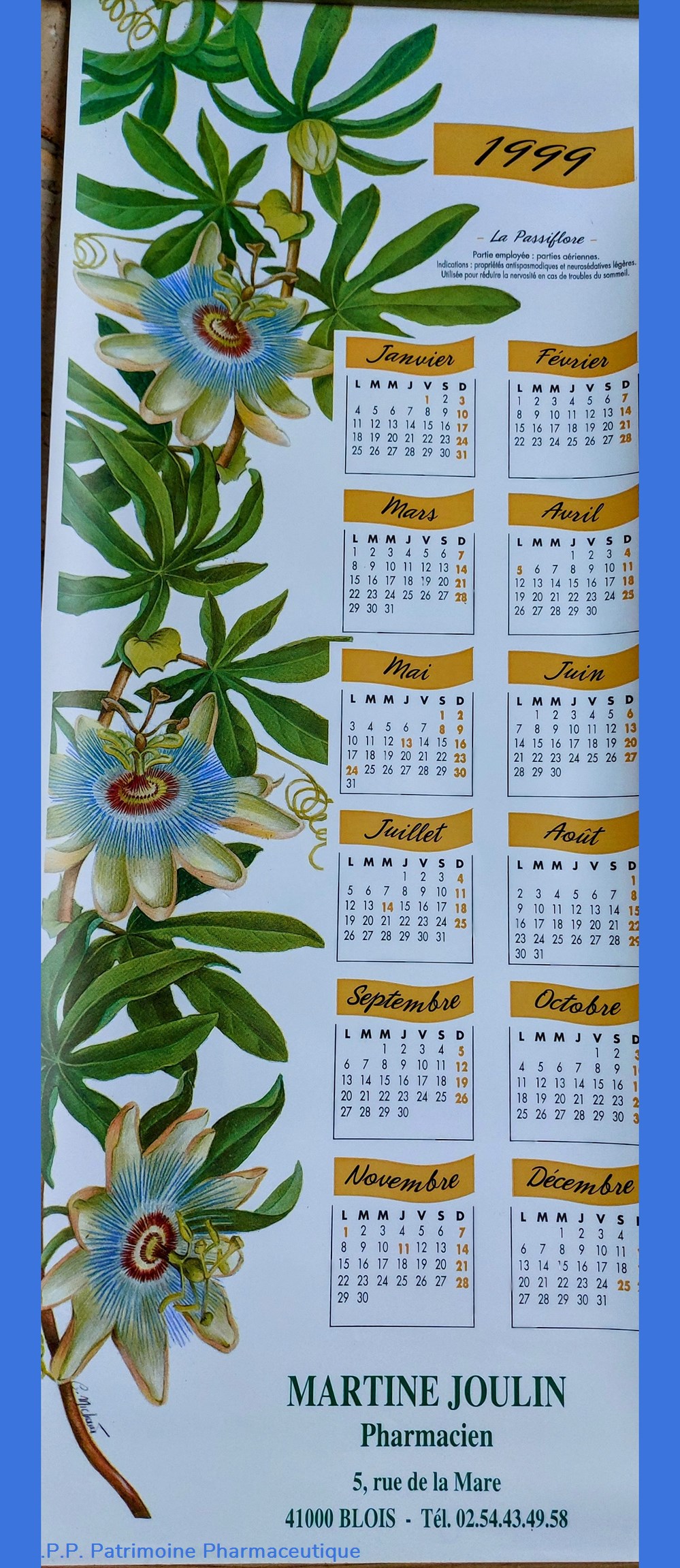 CALENDRIER 1999 _ Passiflore 5 science pharmacie calendrier 1999 passiflore