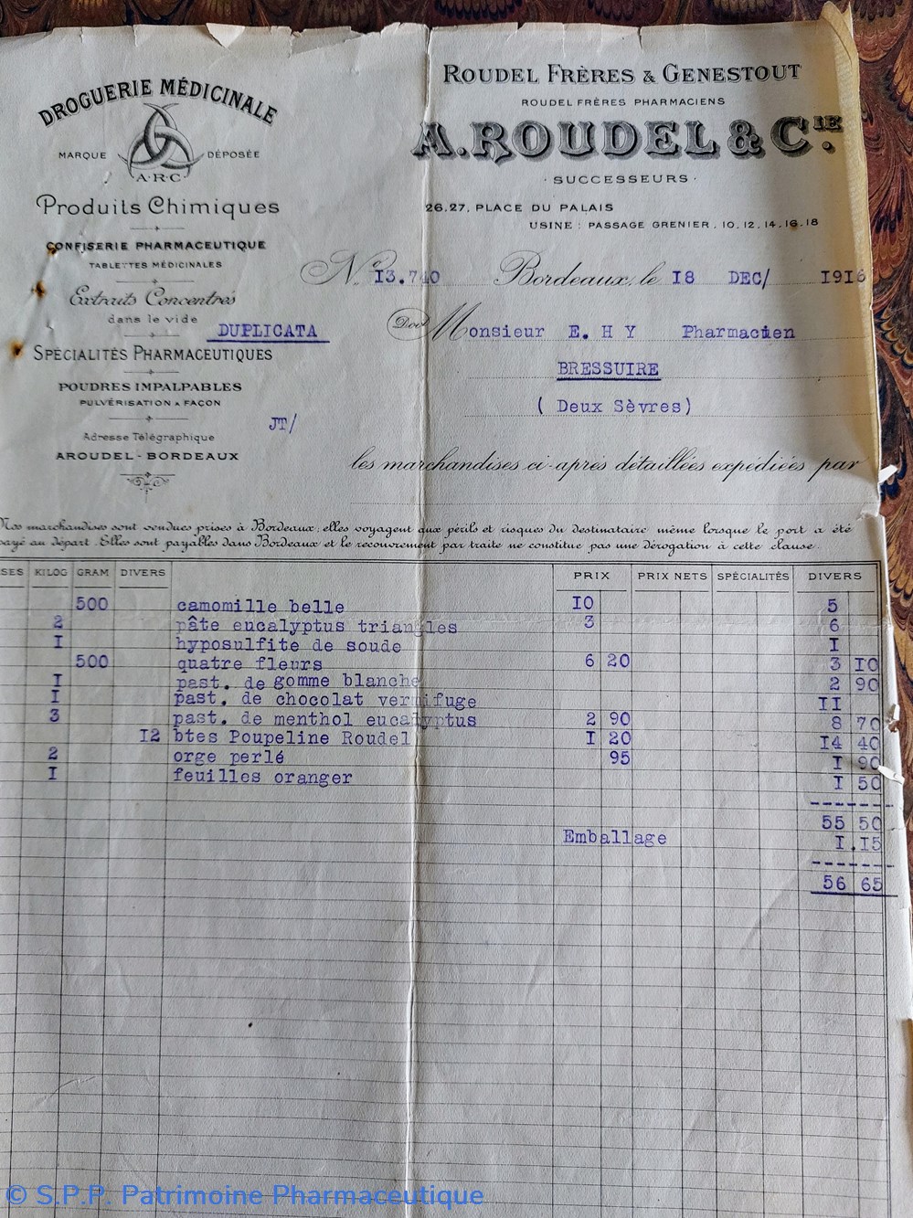 documents anciens facture a roudel 18 dec 1916