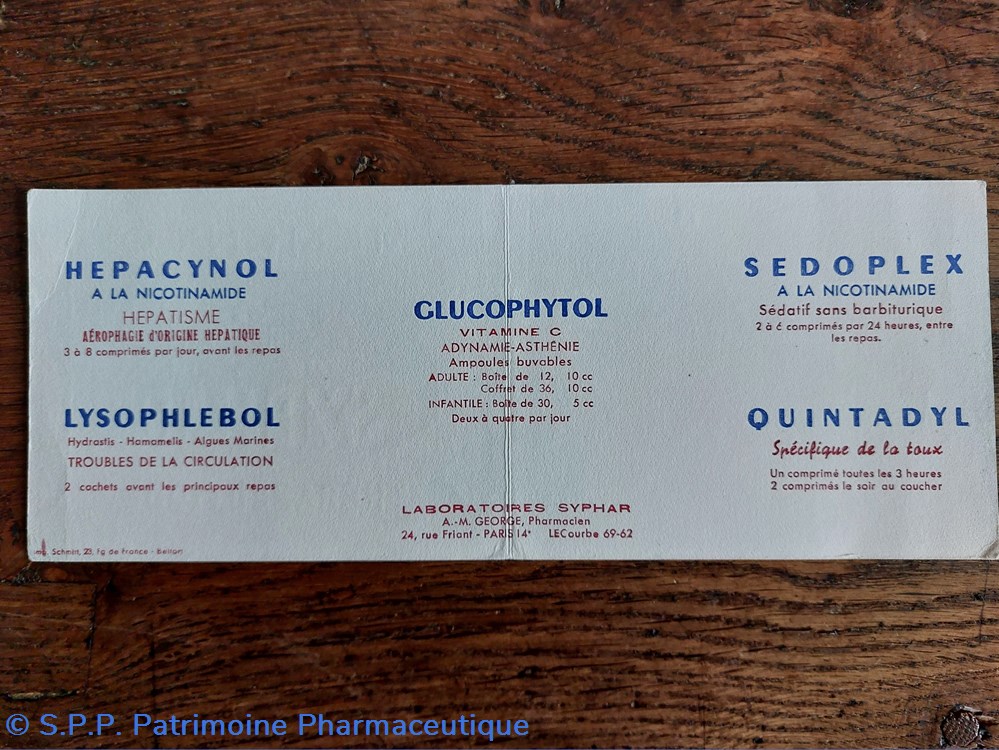 Laboratoires SYPHAR : Hepacynol Lysophlebol Glucophytol Sedoplex Quintadyl science pharmacie laboratoires syphar hepacynol lysophlebol glucophytol sedoplex quintadyl