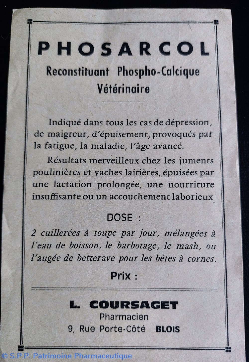 Phie L. COURSAGET / Étiquette Phosarcol documents anciens phie l coursaget etiquette phosarcol