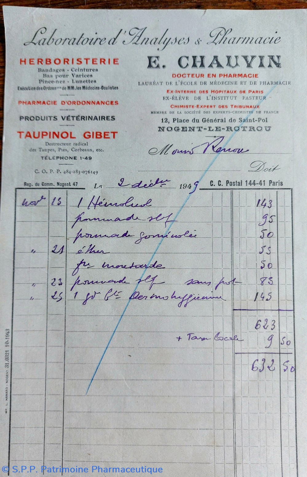Facture E. CHAUVIN Nogent le Rotrou 2/12/1949 documents anciens facture e chauvin nogent le rotrou 2 12 1949