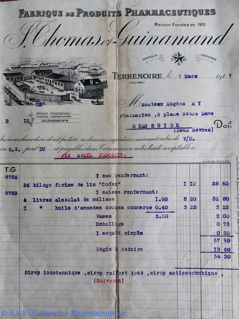 documents anciens facture j thomas et guinamand 7 mars 1917