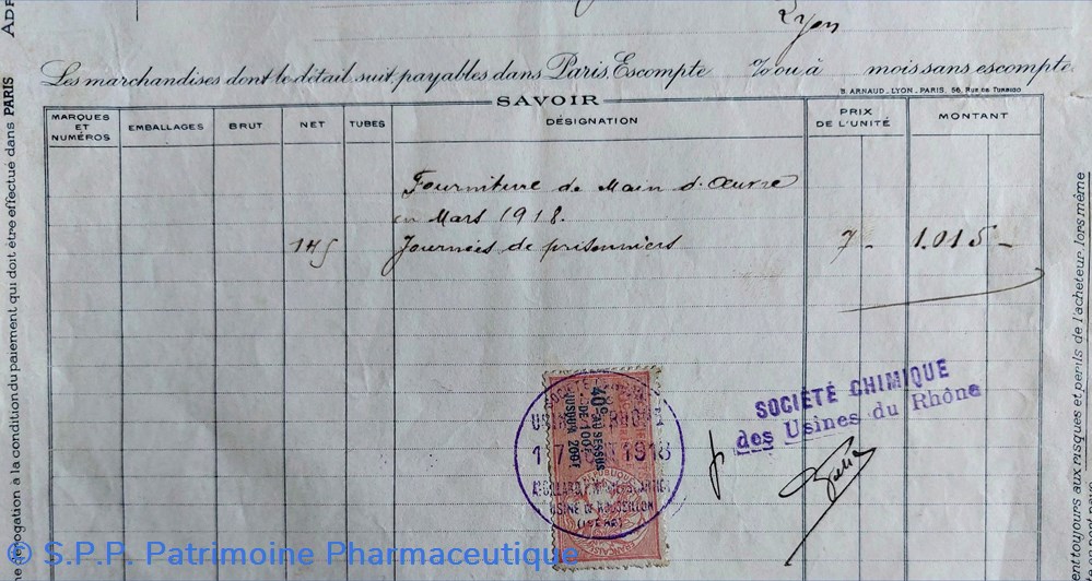 * Facture " HISTORIQUE" du 31/03/1917 Société Chimique des Usines du Rhône 8 documents anciens facture historique du 31 03 1917 societe chimique des usines du rhone