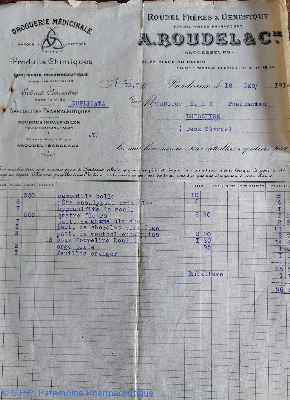 documents anciens facture a roudel 18 dec 1916