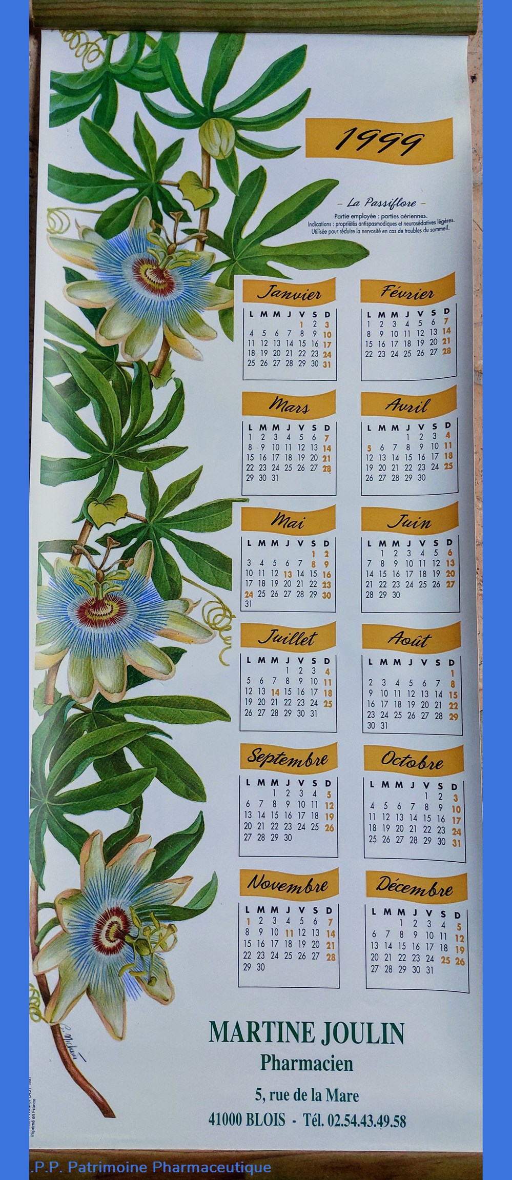 CALENDRIER 1999 _ Passiflore 4 science pharmacie calendrier 1999 passiflore