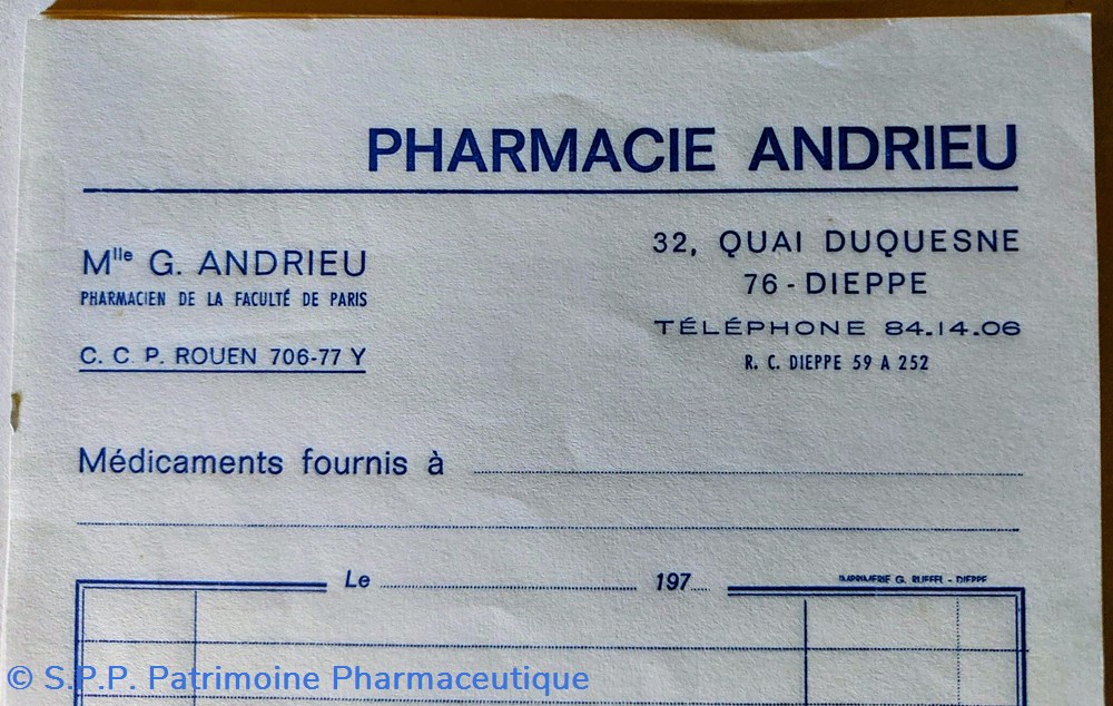 Factures Pharmacie ANDRIEU à Dieppe 3 documents anciens factures pharmacie andrieu a dieppe