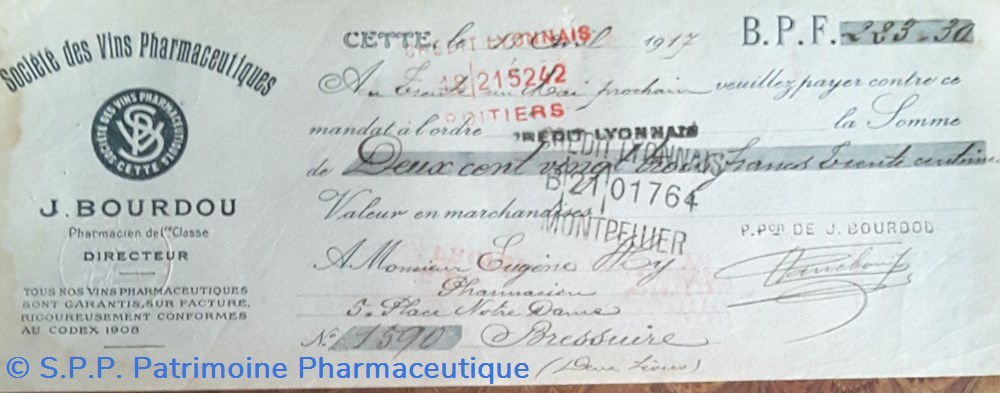 documents anciens lettre de change sie des vins pharmaceutiques avril 1917