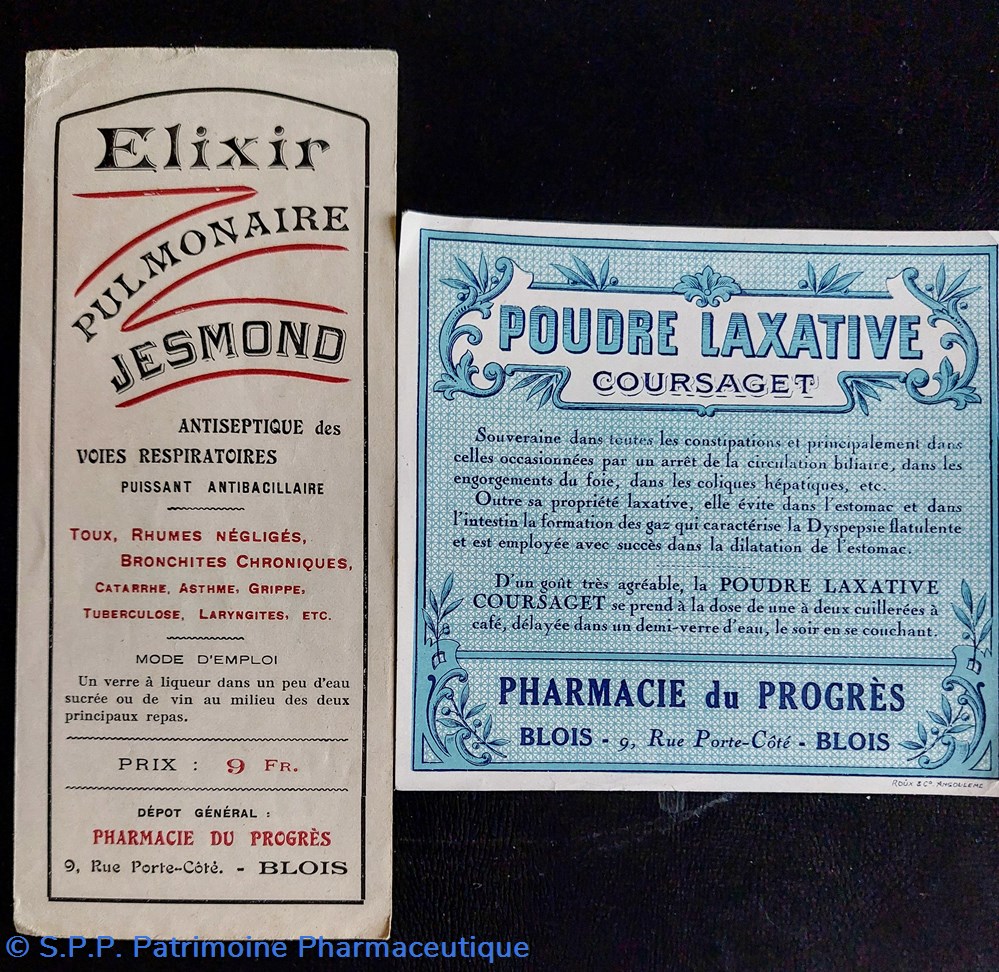 Phie du Progrès Blois / Étiquettes Élixir et laxatif documents anciens phie du progres blois etiquettes elixir et laxatif