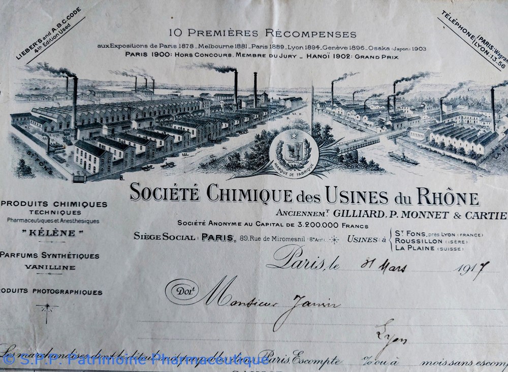 * Facture " HISTORIQUE" du 31/03/1917 Société Chimique des Usines du Rhône 2 documents anciens facture historique du 31 03 1917 societe chimique des usines du rhone