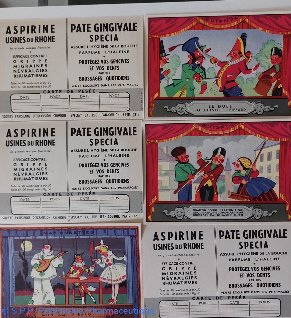 Cartes de marionnettes Aspirine et pâte Gingivale 3 objets publicitaires cartes de marionnettes aspirine et pate gingivale