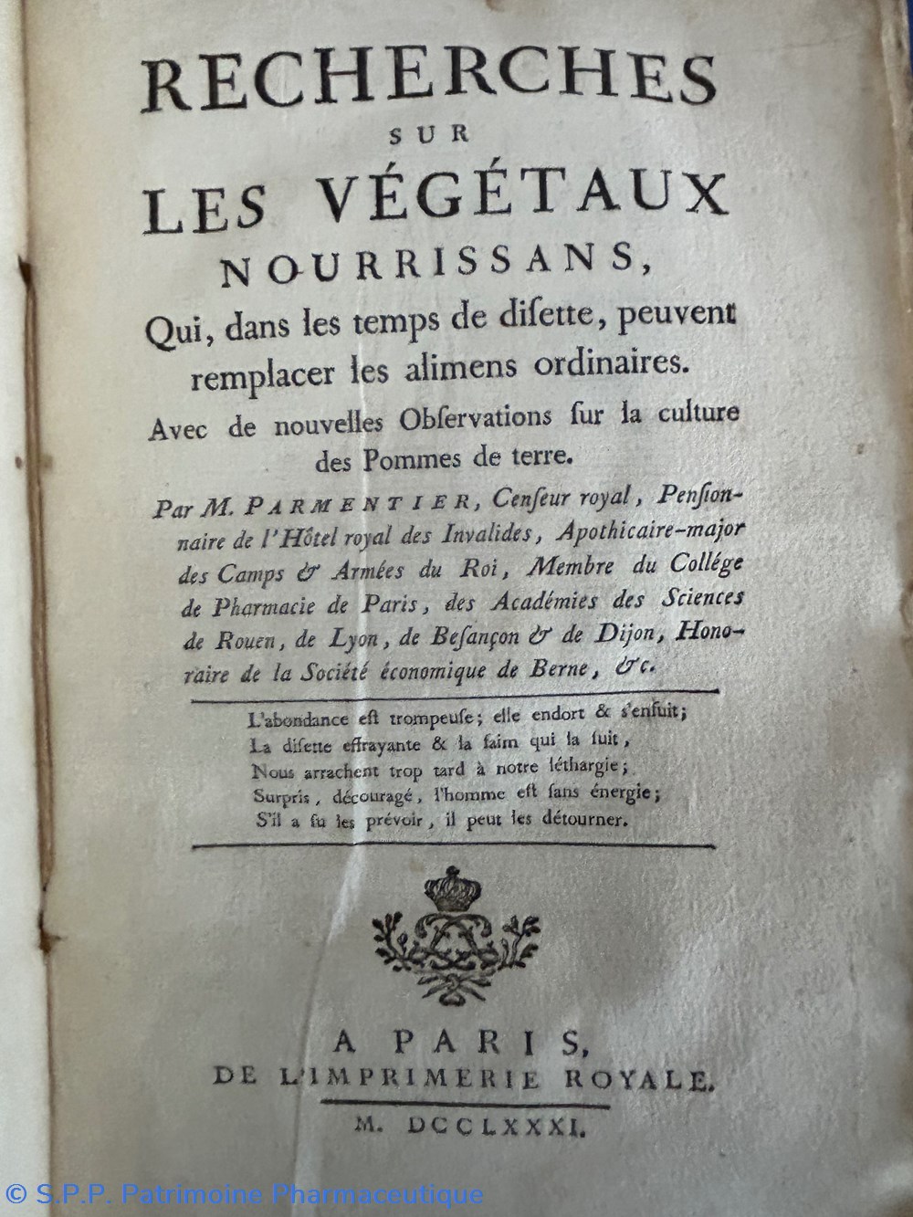 science pharmacie parmentier recherche sur les vegetaux 1781