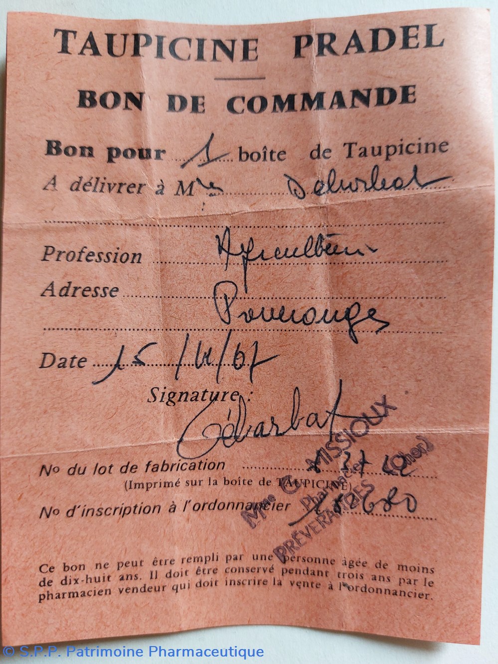 documents anciens taupicine pradel bons de commande