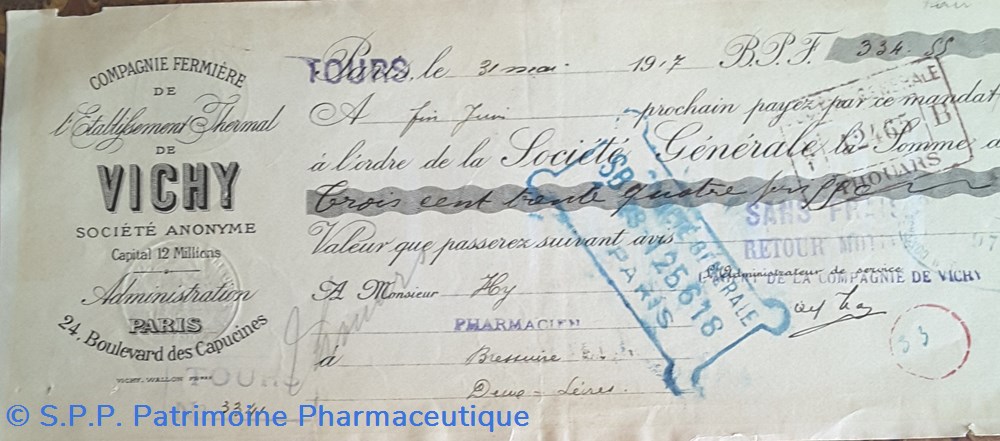 Lettre de change Cie Fermiere de l'Etablissement Thermal 31 mai 1917 documents anciens lettre de change cie fermiere de etablissement thermal 31 mai 1917