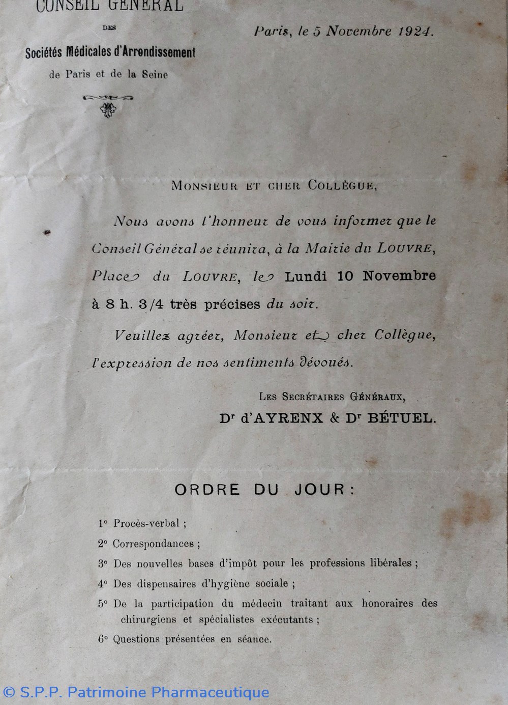 Convocation Conseil Général des Sies Médicales 5 nov, 1924 documents anciens convocation conseil general des sies medicales 5 nov 1924