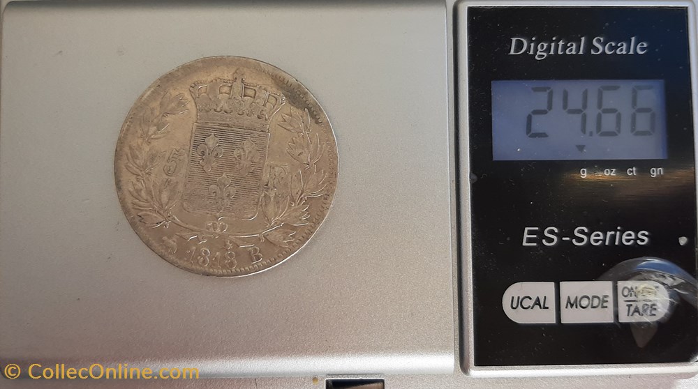 1818 - 5 francs 4 monnaies monde france 1818 5 francs