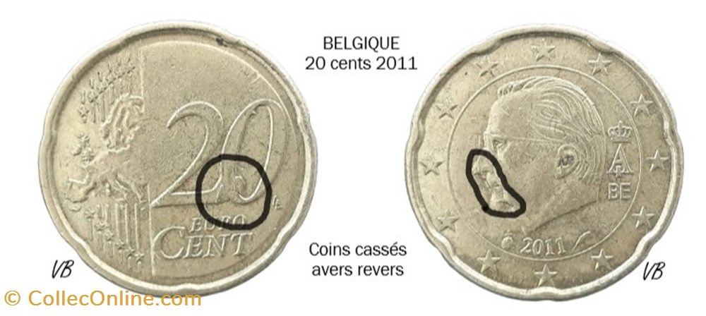 monnaies euros belgique 20 cents 2011 coins casses avers et revers