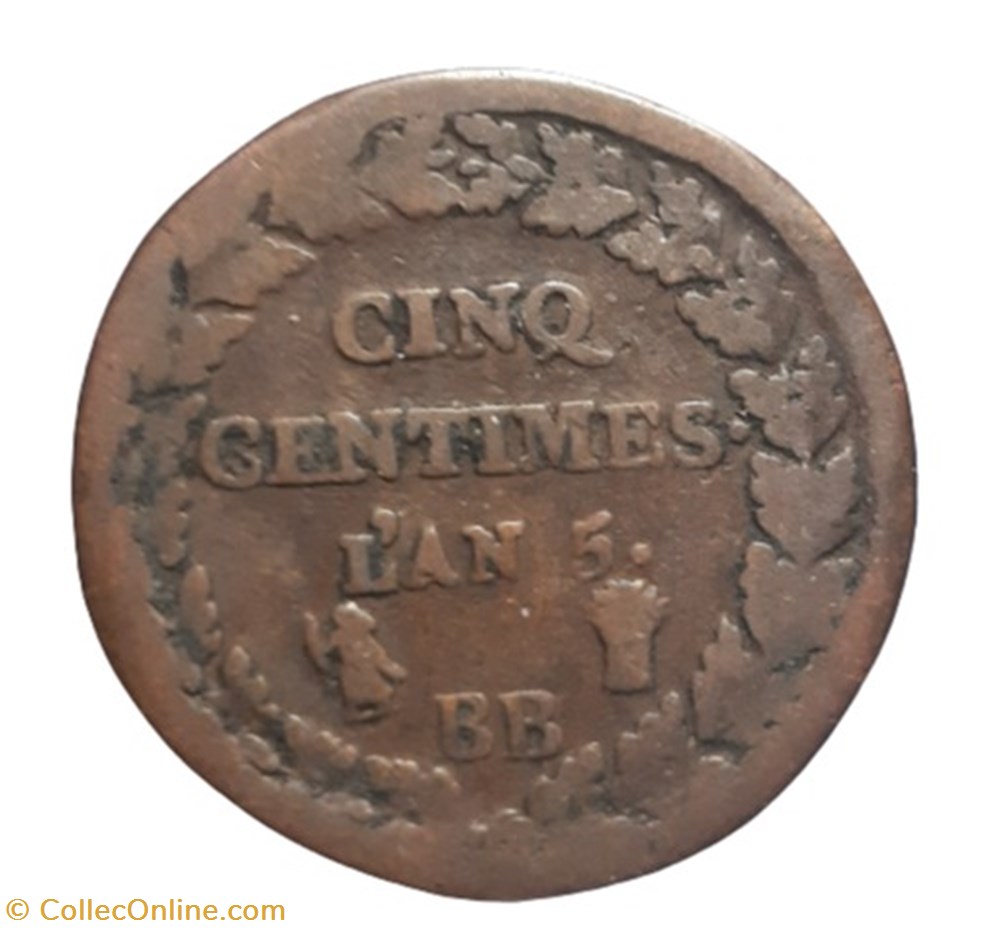 (1796 - 97) - 5 centimes l'AN 5 BB monnaies monde france 1796 97 5 centimes an 5 bb