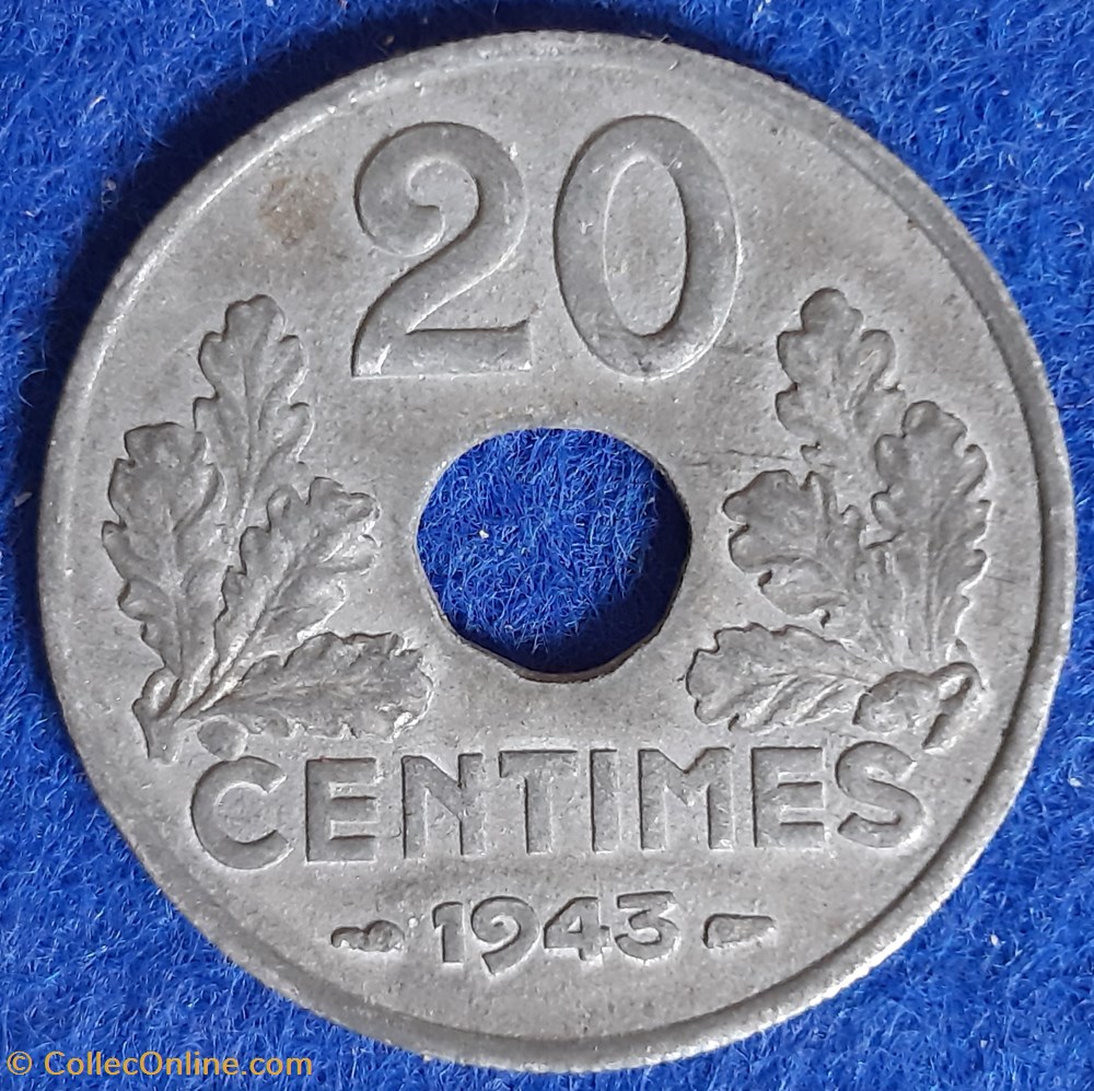 1943 - 20 centimes - Coins - World - France - Grade VF+ - Metal Zinc