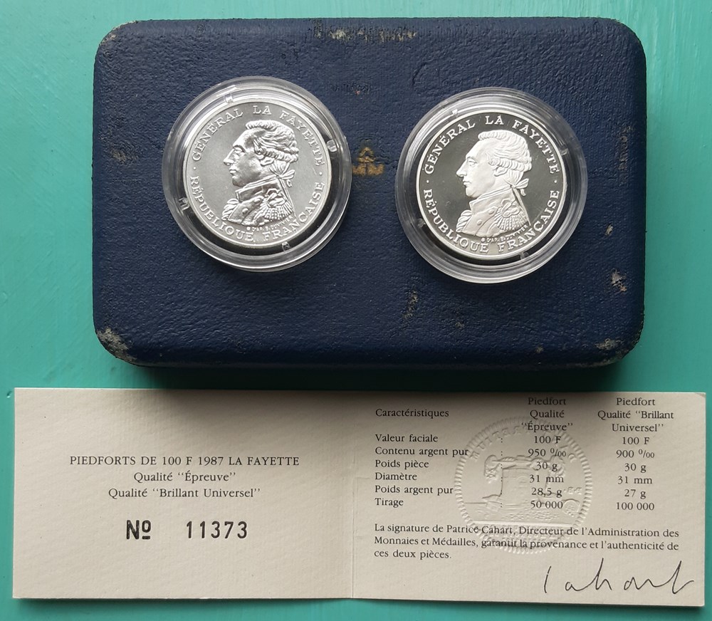 1987 - Duo PIEDFORT 100 francs Lafayette monnaies monde france 1987 duo piedfort 100 francs lafayette
