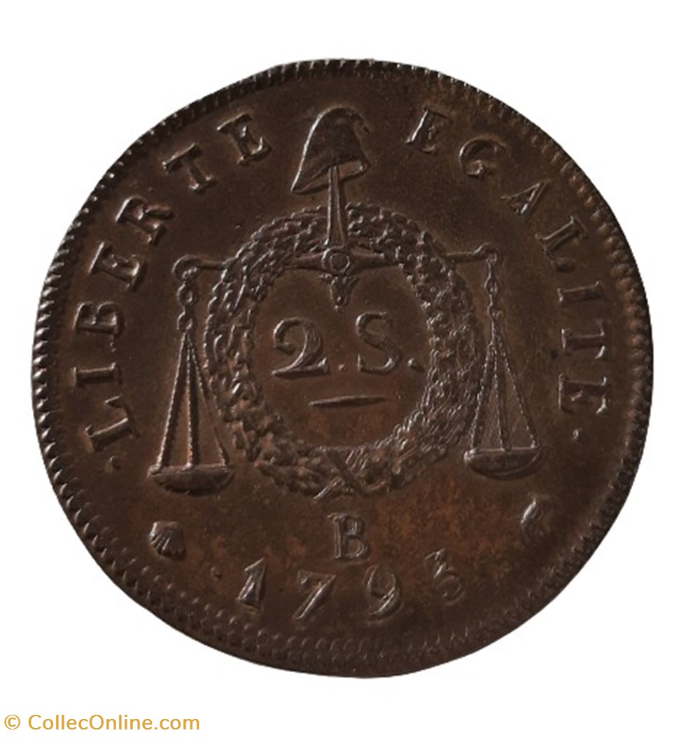 1793 - 2 sols dit à la table de loi - refrappe monnaies europe medievale france royales 1793 2 sols dit a la table de loi refrappe
