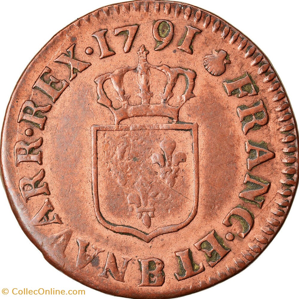 1791 - Liard à l'écu ( 2 têtes d'agneau) monnaies europe medievale france 1791 liard a ecu 2 tetes agneau