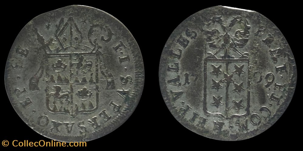 Pal 269 Var 2 - Valais - Evêché de Sion. François-Joseph Supersaxo / Batz 1709 monnaies europe medievale suisse pal 269 var 2 valais eveche de sion francois joseph supersaxo batz 1709
