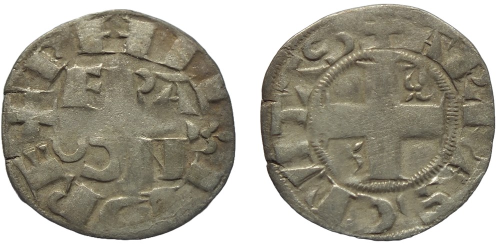 Philippe II - Denier Arras 1er type monnaies europe medievale france royales philippe ii denier arras 1er type