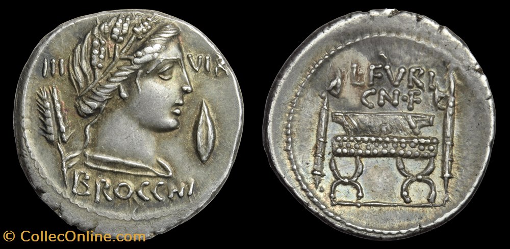 RRC 414/1, L. Furius Cn.F Brocchus Denarius coins ancient to romans imperial and republican rrc 414 1 l furius cn f brocchus denarius