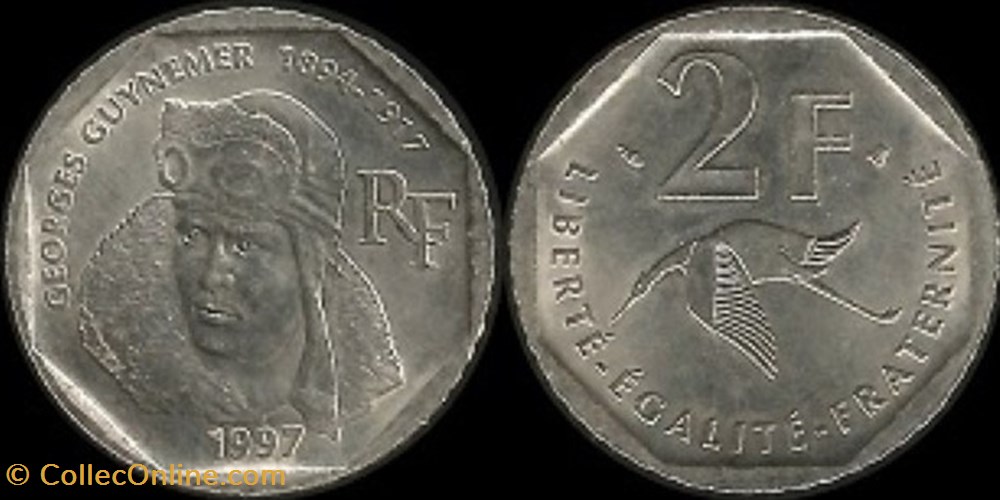 2 Francs commémorative GEORGES GUYNEMER - 1997 monnaies france modernes 2 francs commemorative georges guynemer 1997