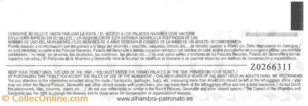 documents anciens tickets entree espagne grenade alhambra