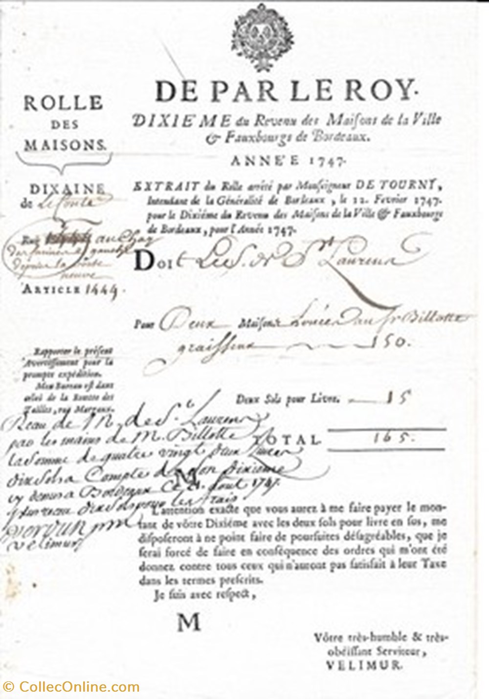 Extrait du Rolle arrêté par Monseigneur DE TOURNY année 1747 documents anciens affiches extrait du rolle arrete par monseigneur de tourny annee 1747