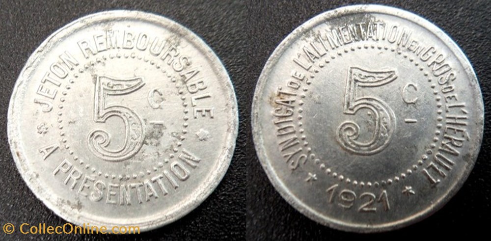 p- MN Hérault 5 C. 1921 Al Elie:20.1 monnaies paranumismatique jetons poids p mn herault 5 c 1921 al elie 20 1