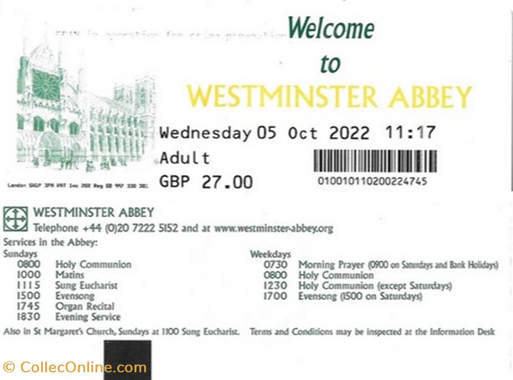 Angleterre - Londres - Westminster Abbey documents anciens tickets entree angleterre londres westminster abbey