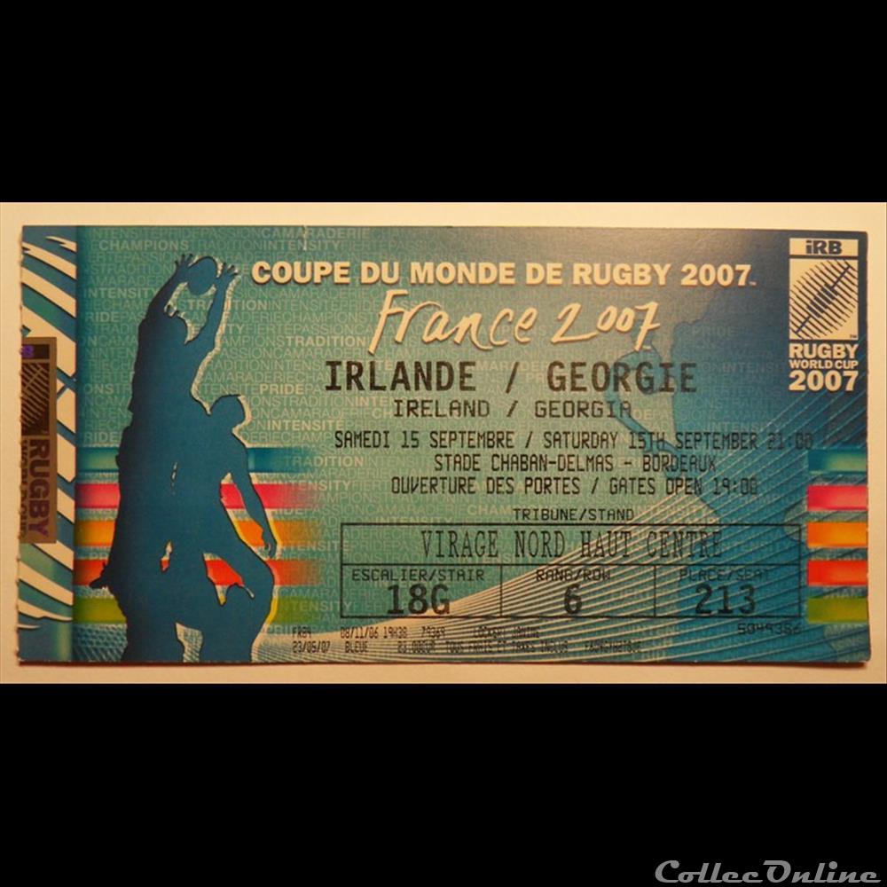 Rugby Coupe du Monde 2007 à Bordeaux vieux papier ticket entree assignat rugby coupe du monde 2007 a bordeaux