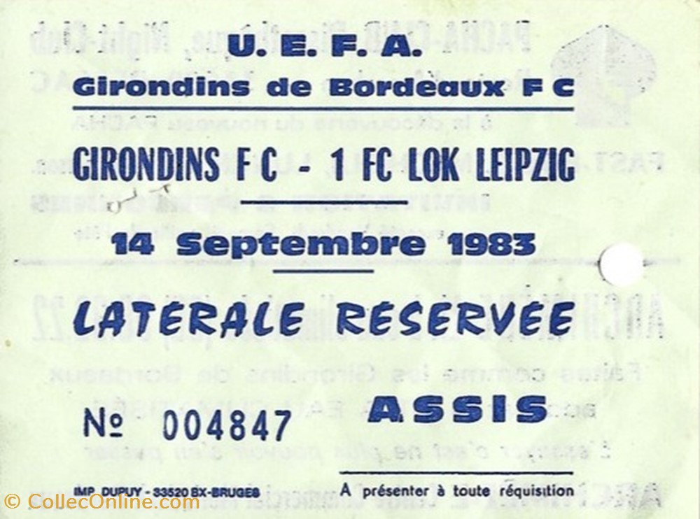 Football Championnat U.E.F.A. 14 septembre 1983 documents anciens tickets d entree football championnat u e f a 14 septembre 1983