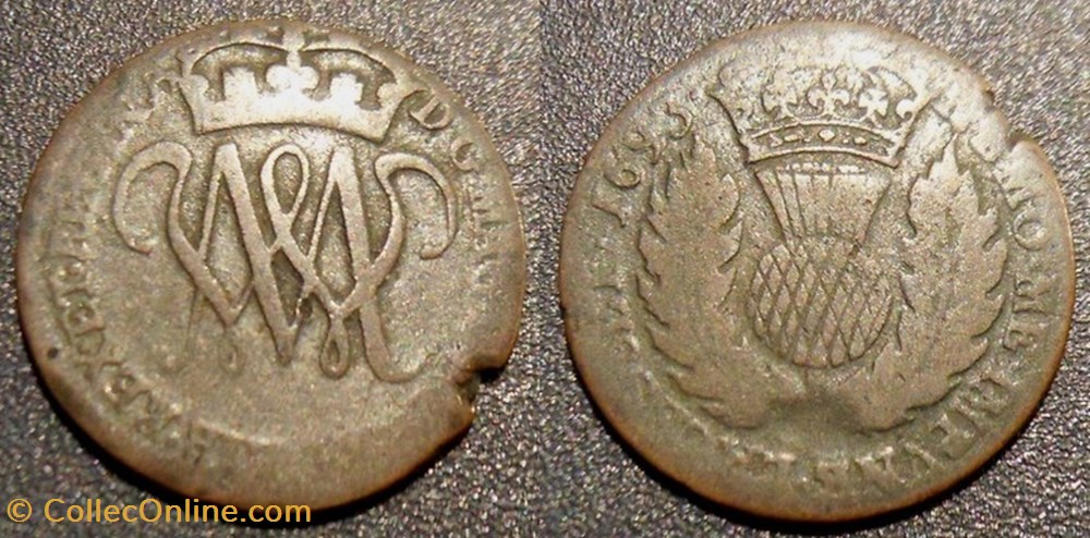 Royaume Uni - Ecosse - William & Mary - 1 Bodle 1691-1694 monnaies monde royaume uni ecosse william mary 1 bodle 1691 1694