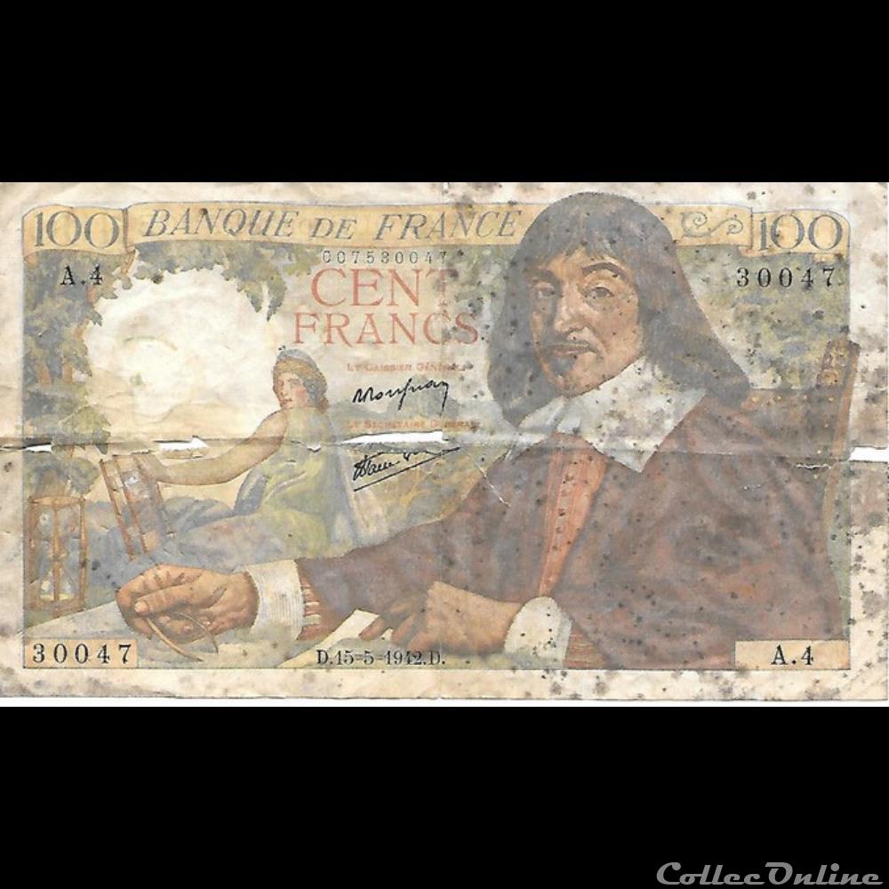 billet france banque xxe 100 francs descartes
