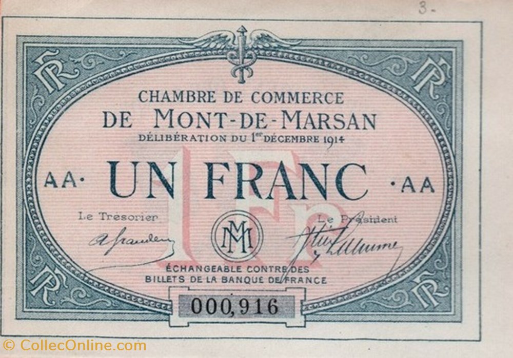 A2 1Fr. Chambre de Commerce de Mont de Marsan Délibération du 1 décembre 1914 billets europe france a2 1fr chambre de commerce de mont de marsan deliberation du 1 decembre 1914
