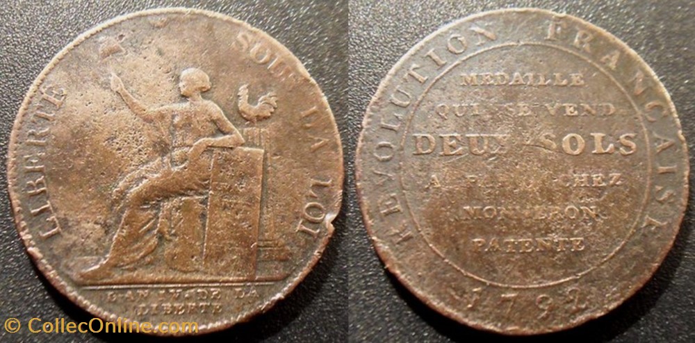o- Monnaie de confiance 2 Sols à la Liberté 1792 monnaies paranumismatique jetons poids o monnaie de confiance 2 sols a la liberte 1792