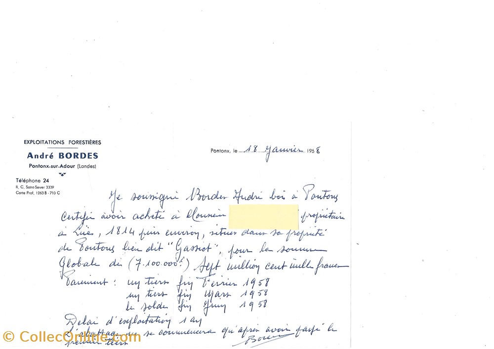 Vieux papiers: Pontonx-sur-Adour Exploitations Forest. André Bordes 1958 divers vieux papiers pontonx sur adour exploitations forest andre bordes 1958