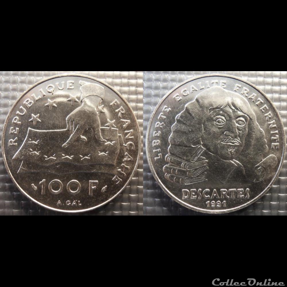 Oj 100 francs René Descartes 1991 31mm 15g monnaie france moderne oj 100 francs rene descartes 1991 31mm 15g