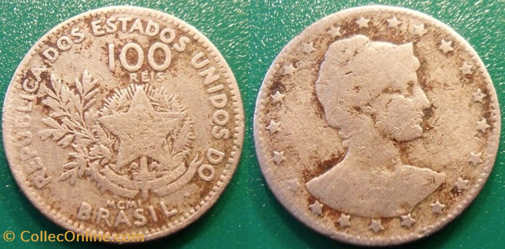 Brésil 100 Réis 1901 monnaie monde bresil 100 reis 1901
