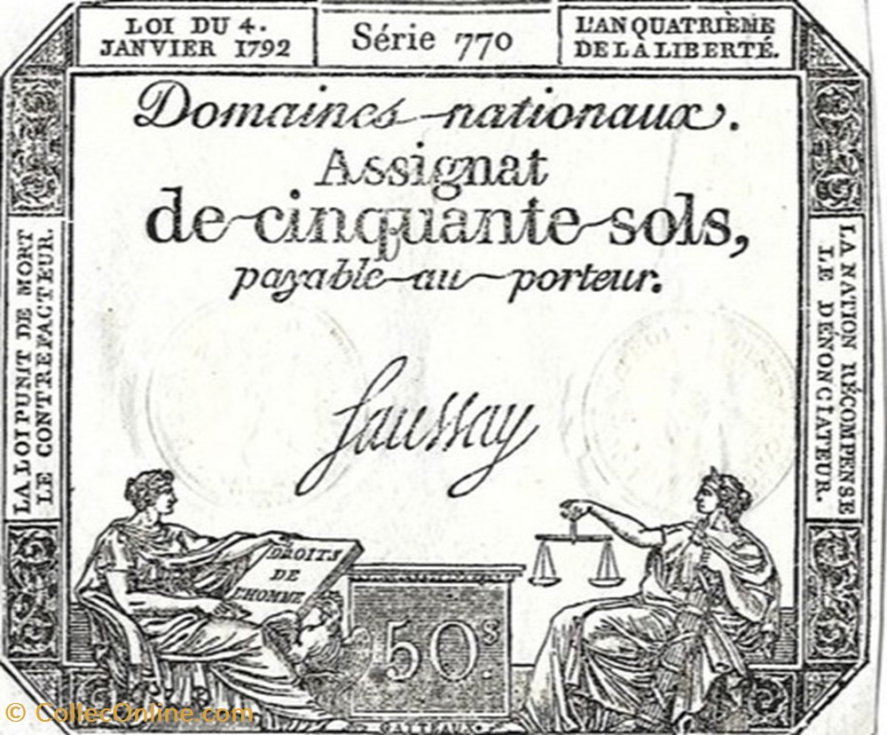 billets europe france assignat de cinquante sols loi du 24 janvier 1792 saussay